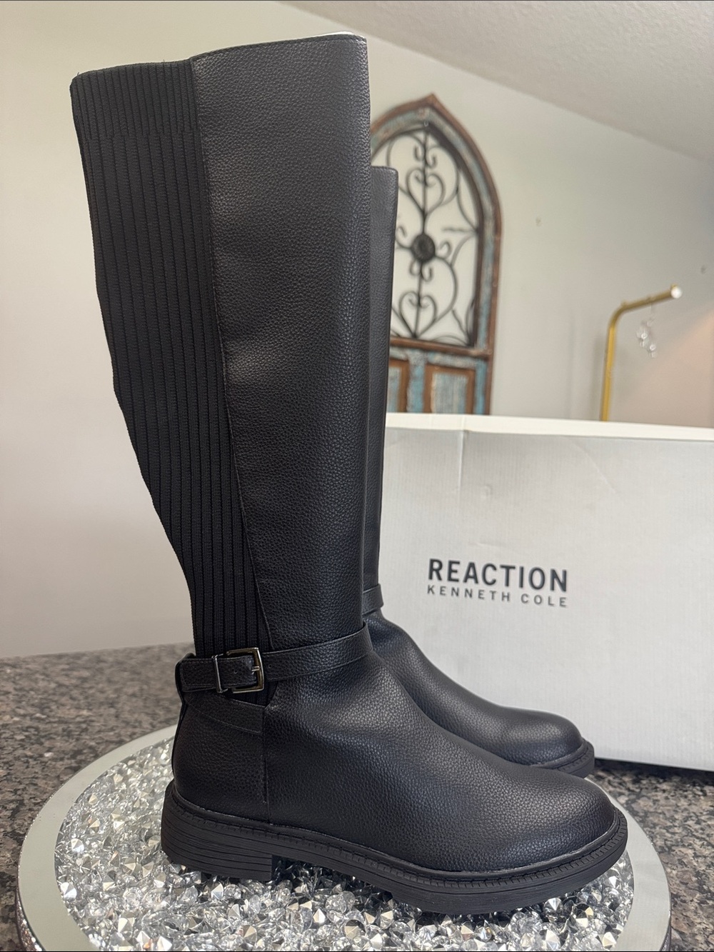 Kenneth Cole Reaction Black tall Ribbed Shaft Buckle Boots NEW 7.5